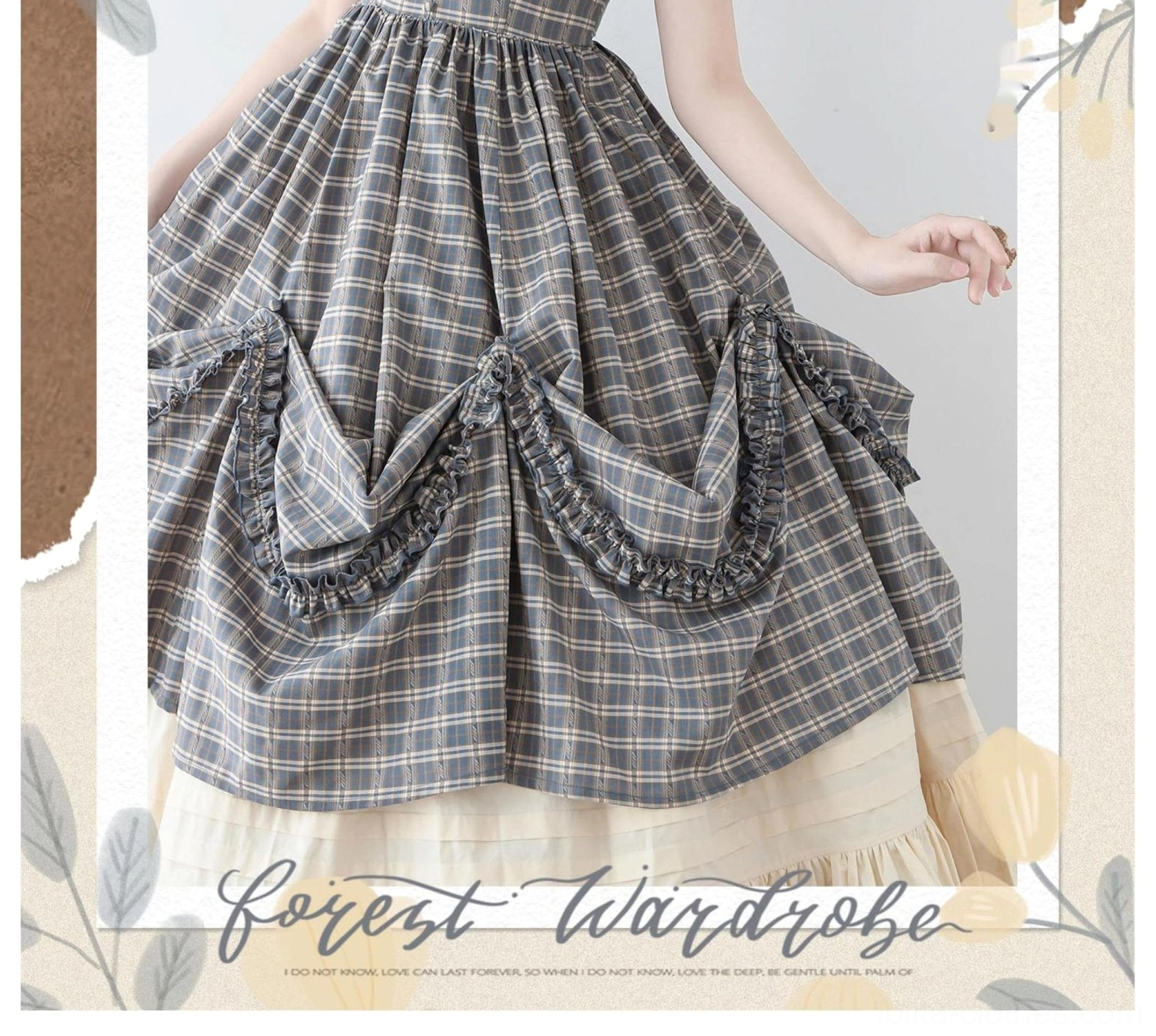 Forest Picnic Lolita OP dress ruffled lace skirt trim detail front view showing layered construction