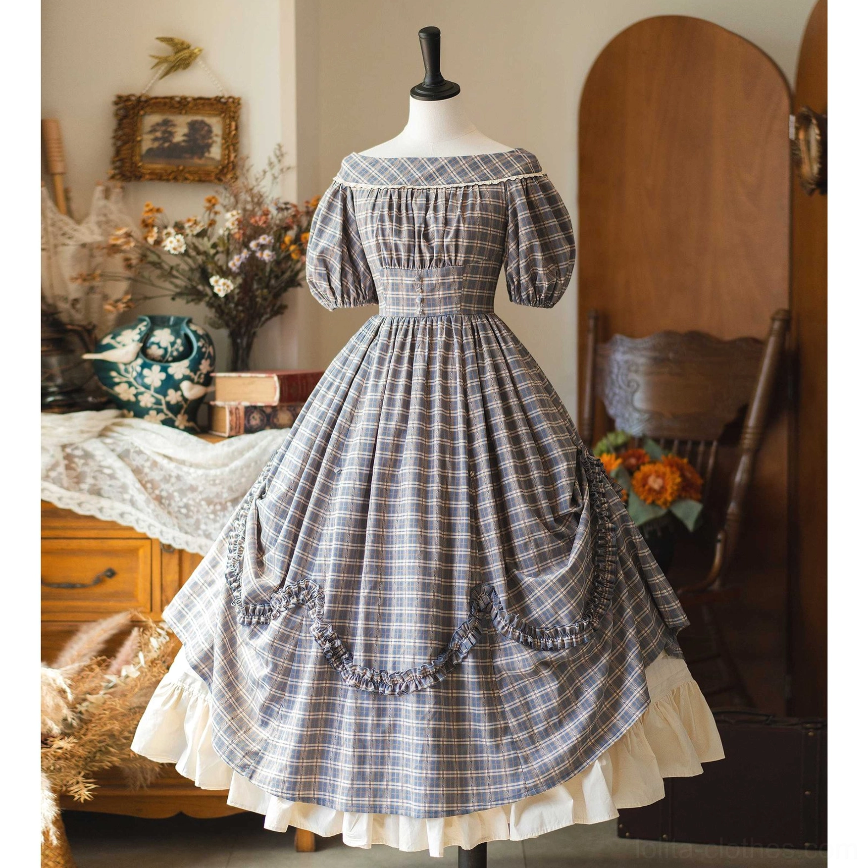 Plaid Lolita OP dress three-quarter front view showing large A-line skirt silhouette with visible ruffled white petticoat hem