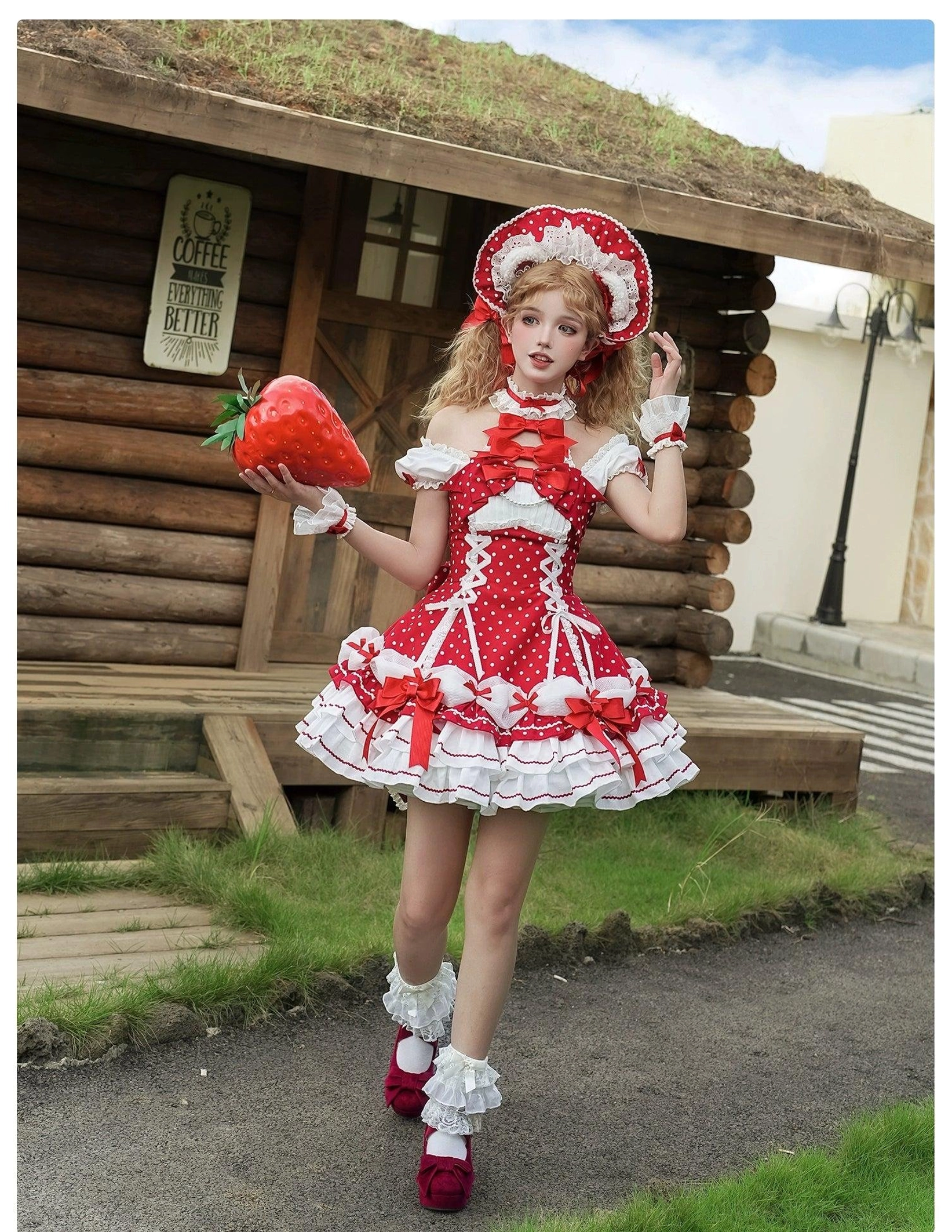 Old School Lolita OP dress front bodice showing chest bow and pearl chain accent placement and design