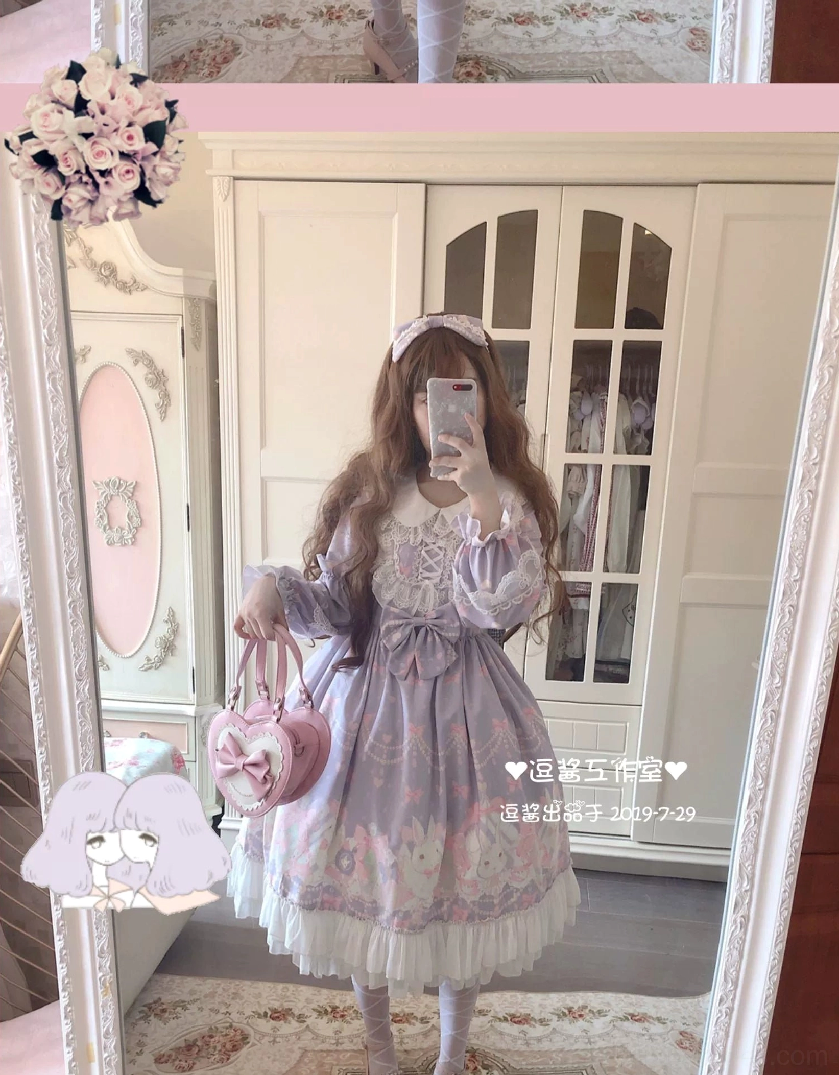 Front close-up view of pastel purple rabbit print Lolita OP dress featuring lace-up corset bodice, ruffled puffed sleeves, waist bow decoration, model with brown wavy hair