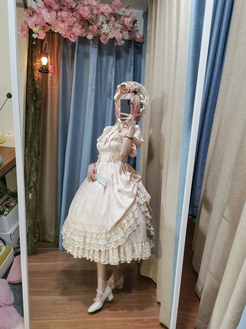 French Lolita one-piece dress with full-length tights showing elegant legwear option for varied styling