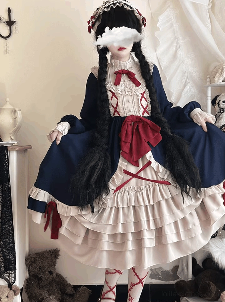 Lolita OP dress wide full-body view model twin braids hair headband spreading skirt multi-layered ruffles vintage decor display