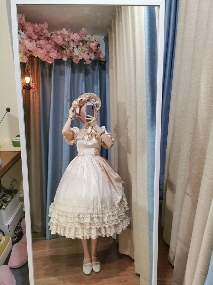 French Lolita one-piece dress with heeled pumps showing sophisticated styling for refined aesthetic