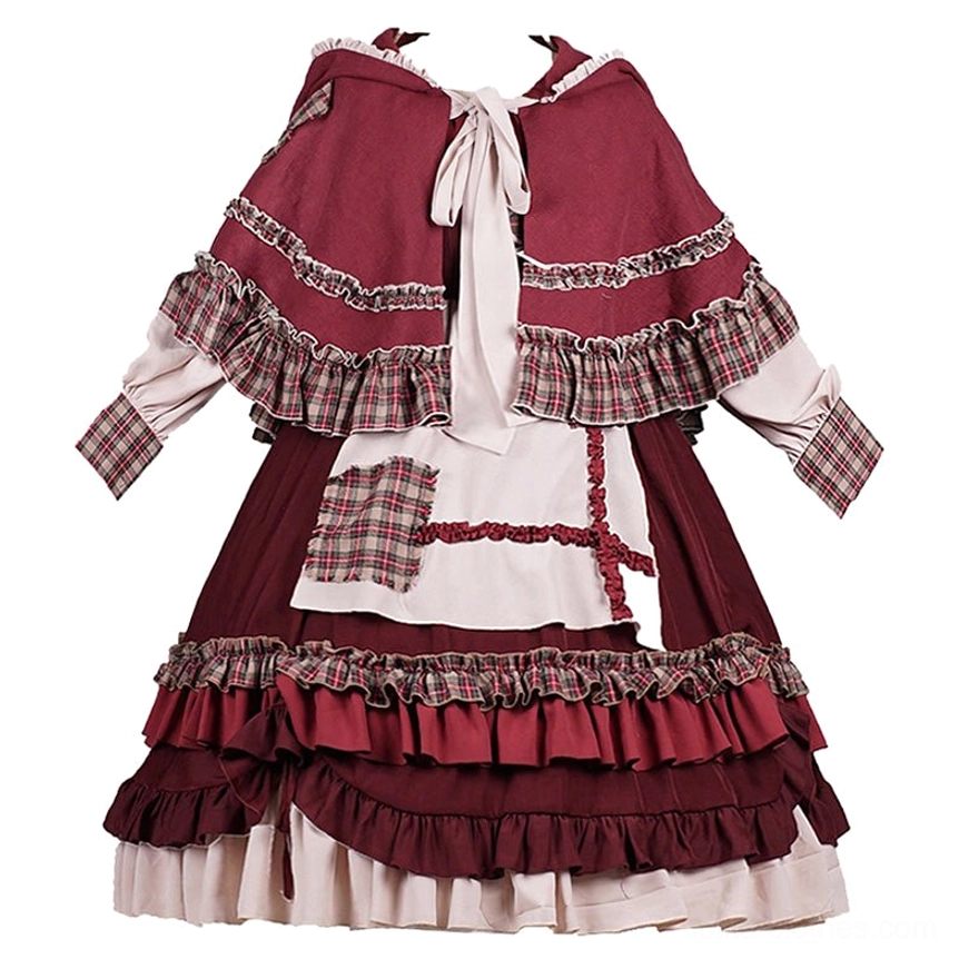 Flat lay product display of complete Little Red Riding Hood pastoral Lolita fullset showing wine red and cream color blocking, multi-layered ruffled skirt edges, plaid patch decorations, and hooded cloak arrangement