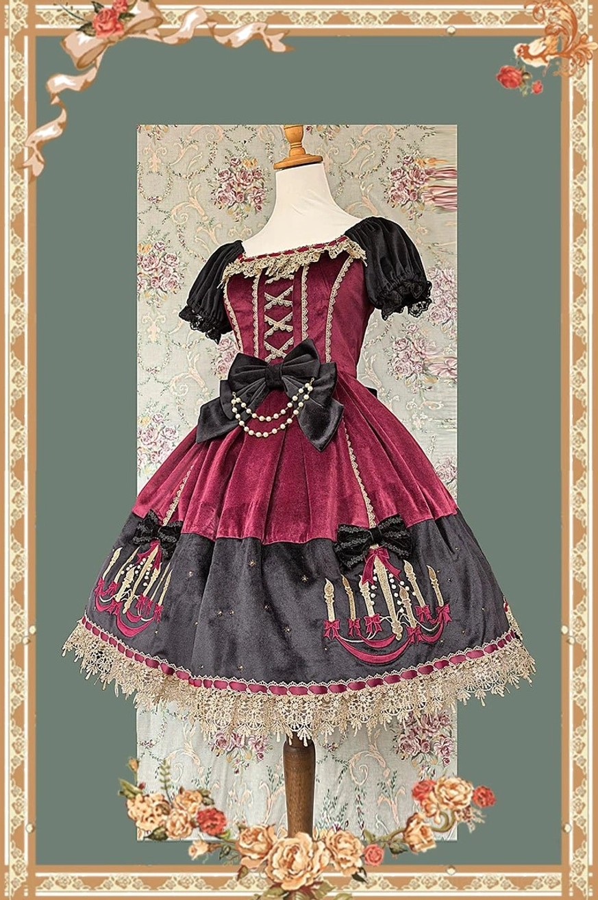 Lace-up corset front detail of vintage old school lolita OP dress showing adjustable lacing system and structured bodice construction with bow accent