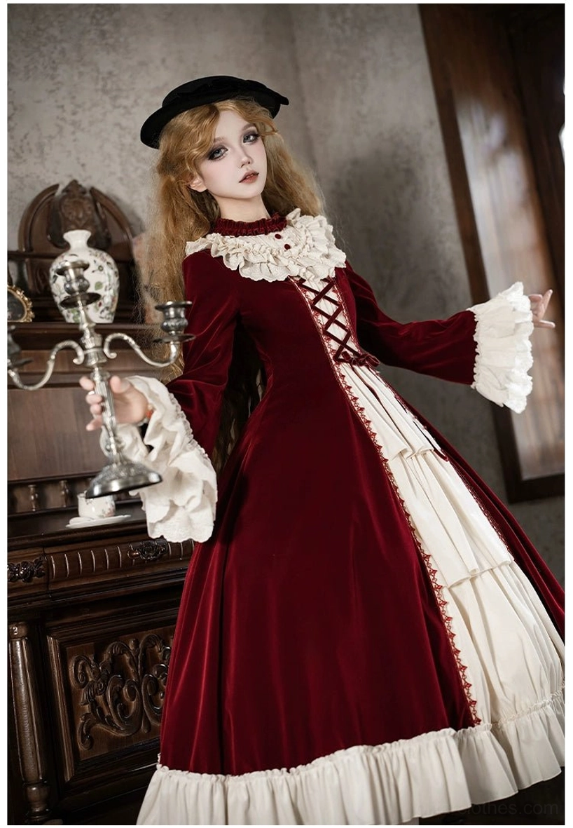 Lolita OP dress layered cuff bell sleeves detailed close-up ruffled trim craftsmanship