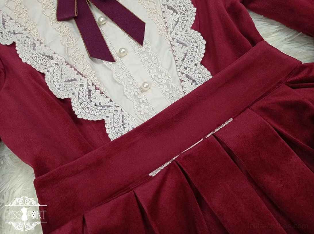 Vintage velvet lolita op dress material components YKK zipper porcelain pearl buckles embroidered lace