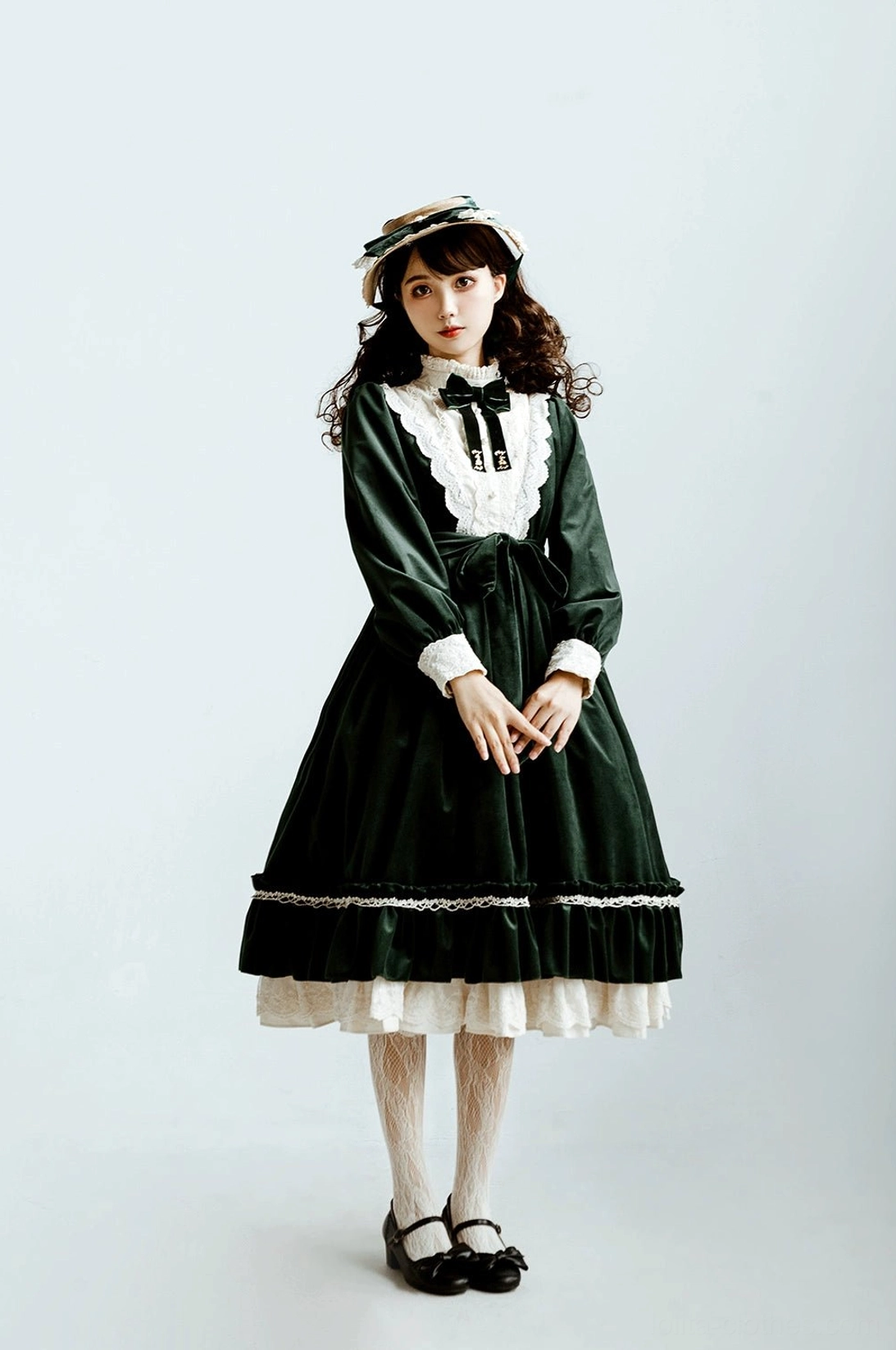 Vintage lolita op dress misty blue color option full-body front shot color swatch display