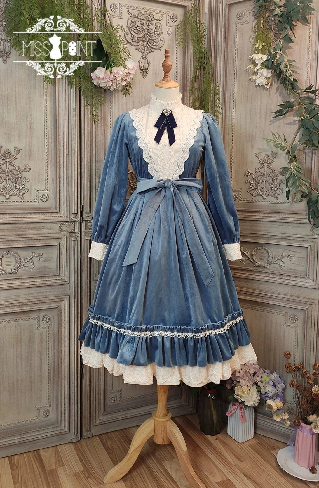 Lolita op dress misty blue full-body standing front model blue color display option showcase