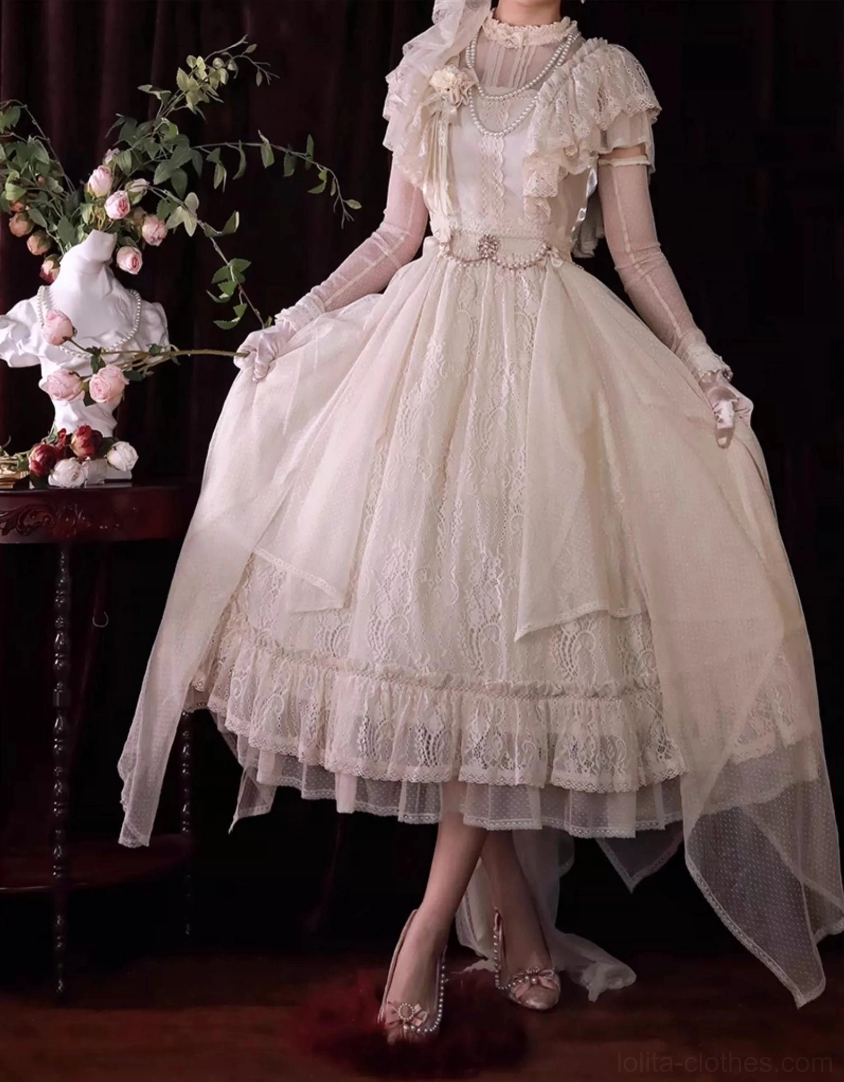 Champagne vintage Lolita OP dress neckline detail showing square neckline design, embossed lace bodice construction, and chest floral decoration placement