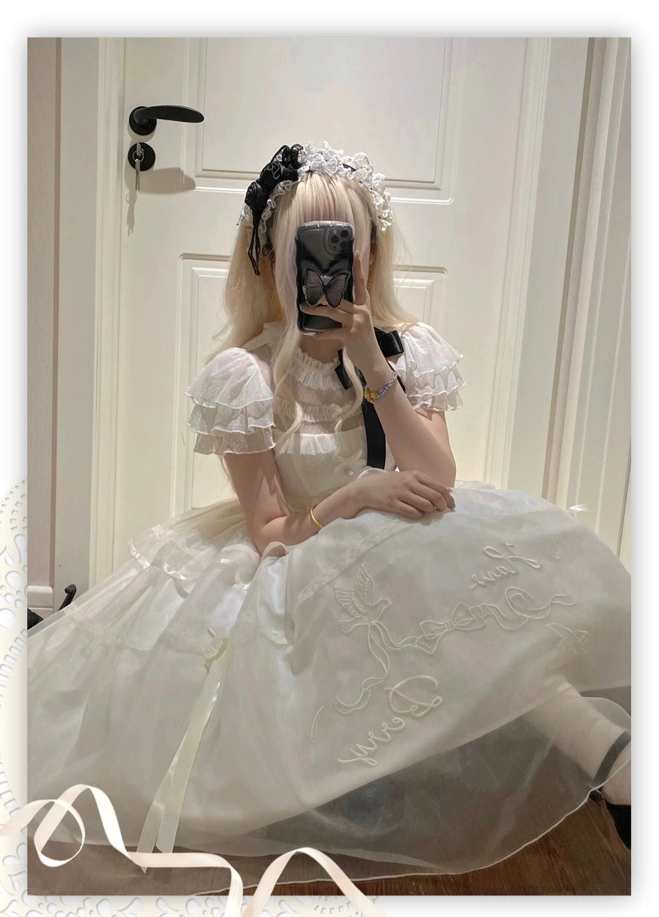 Ivory classic lolita OP dress neckline and collar detail showing round neck with ruffled trim and delicate embroidery embellishment