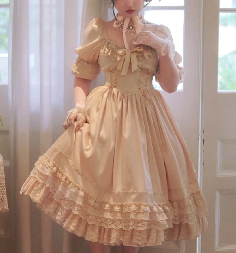 French Lolita one-piece dress with pearl hair clips showing elegant accessory options for styling
