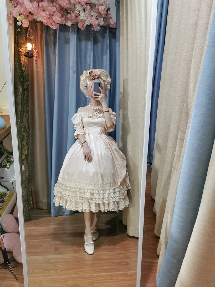 French Lolita one-piece dress with pointed-toe flats showing elegant footwear coordination option