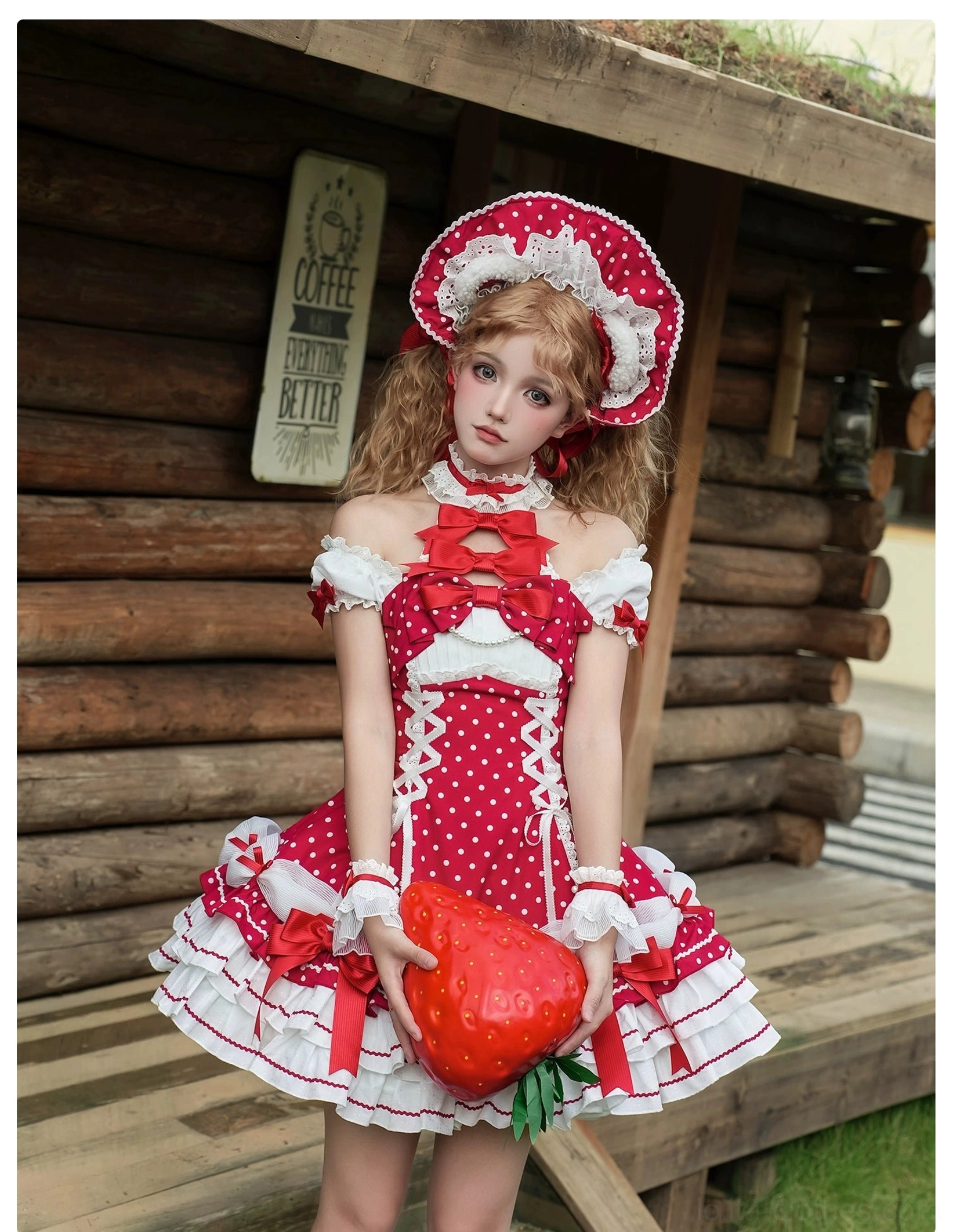 Polka dot Lolita halter OP dress fabric texture and polka dot pattern close-up showing cotton-like material quality
