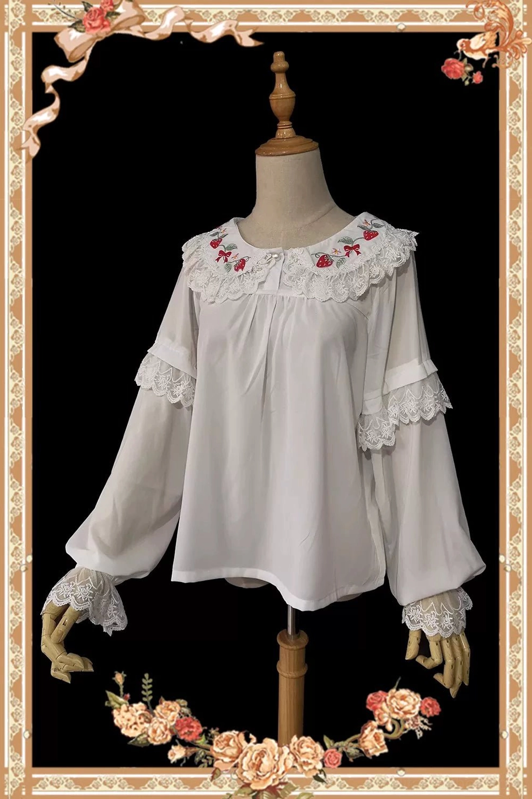 Polka dot skirt fabric section of vintage lolita OP dress featuring chandelier prints with texture and quality of high-density woven polyester-cotton blend