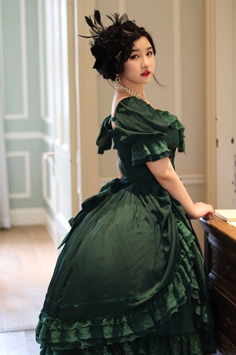 French Lolita one-piece dress fabric texture showing polyester sheen and drape quality in close-up