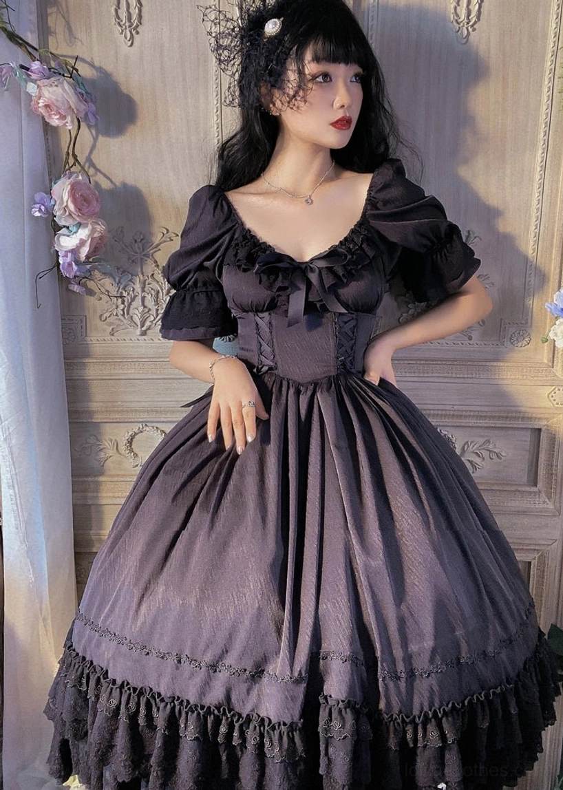 French Lolita one-piece dress showing polyester material quality and luxury drape in natural lighting