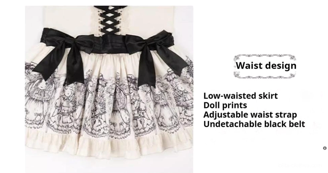 Lolita OP dress puff sleeve and neckline detail - close-up showing romantic puff sleeve construction, lace collar trim, and front bow accent