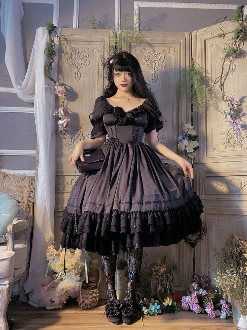 French Lolita one-piece dress with puff sleeves showing romantic volume and classic Lolita silhouette