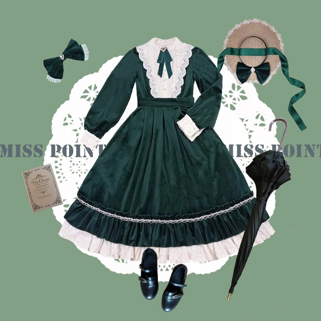 Vintage lolita one-piece dress raven black color option side profile full-body shot black color detail view