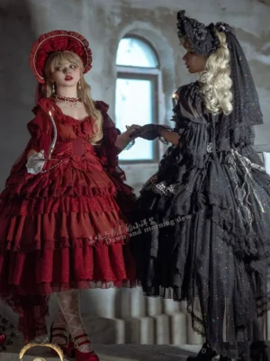 Dual-color classic Lolita OP dresses featuring red and black colorways displayed on two models in vintage stairwell setting with tiered ruffled skirts and sparkling fabric accents