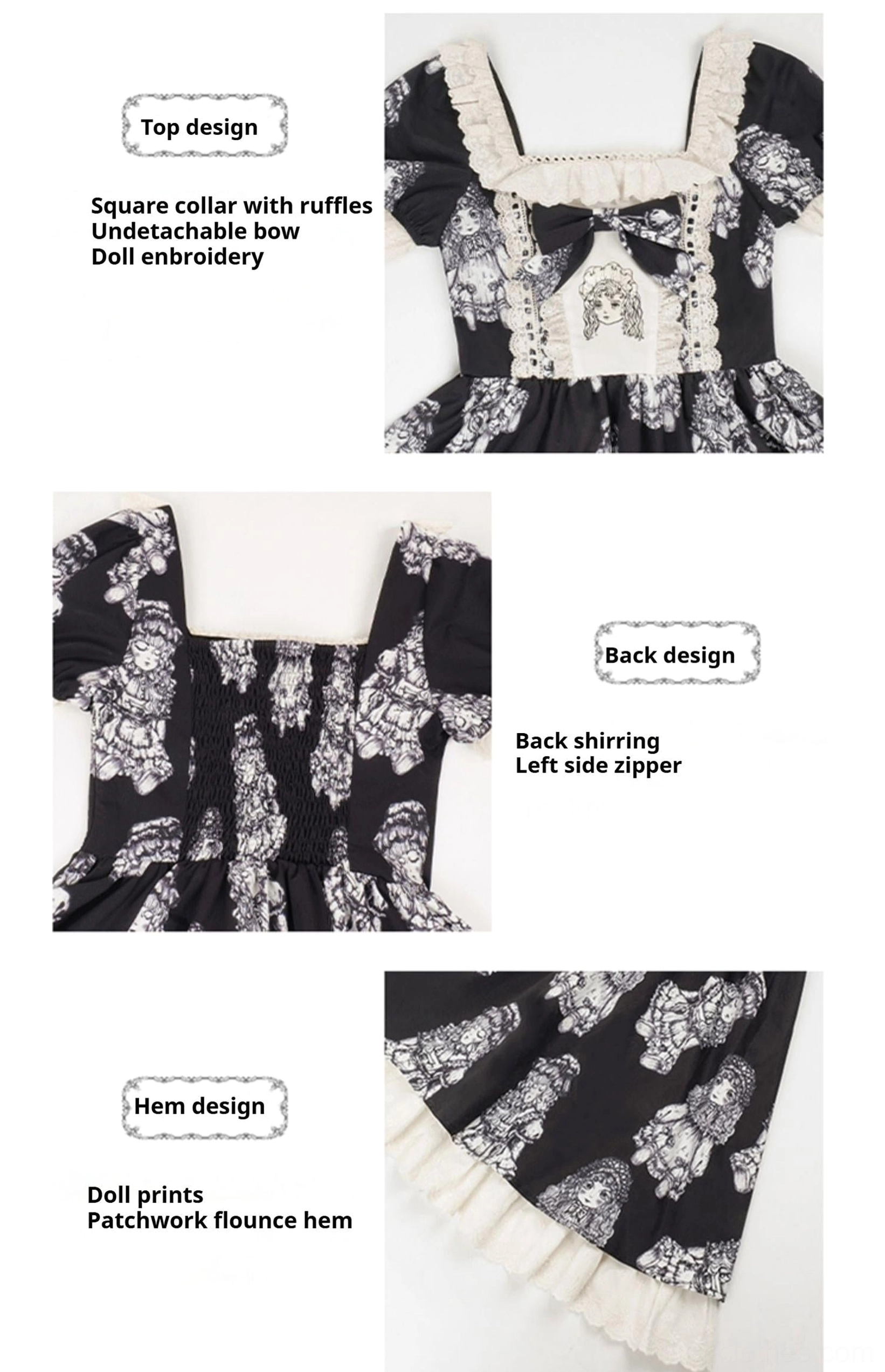 Vintage lolita OP dress ruffled hem and flounce detail - close-up flat lay showing layered ruffles and construction of hemline with decorative trim