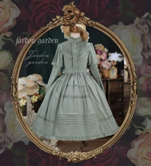 Black forest Lolita one-piece dress sage green front mannequin ruffled stand collar bust pintucks pleated midi skirt