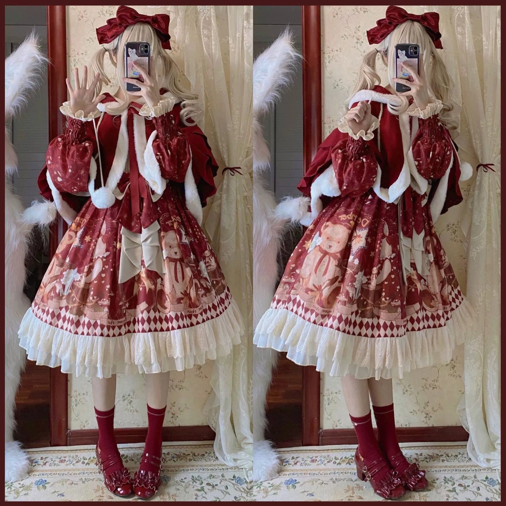Lolita OP dress side profile view showing puffed mutton sleeves waist bow ruffled skirt hem and layered construction in wine red festive design