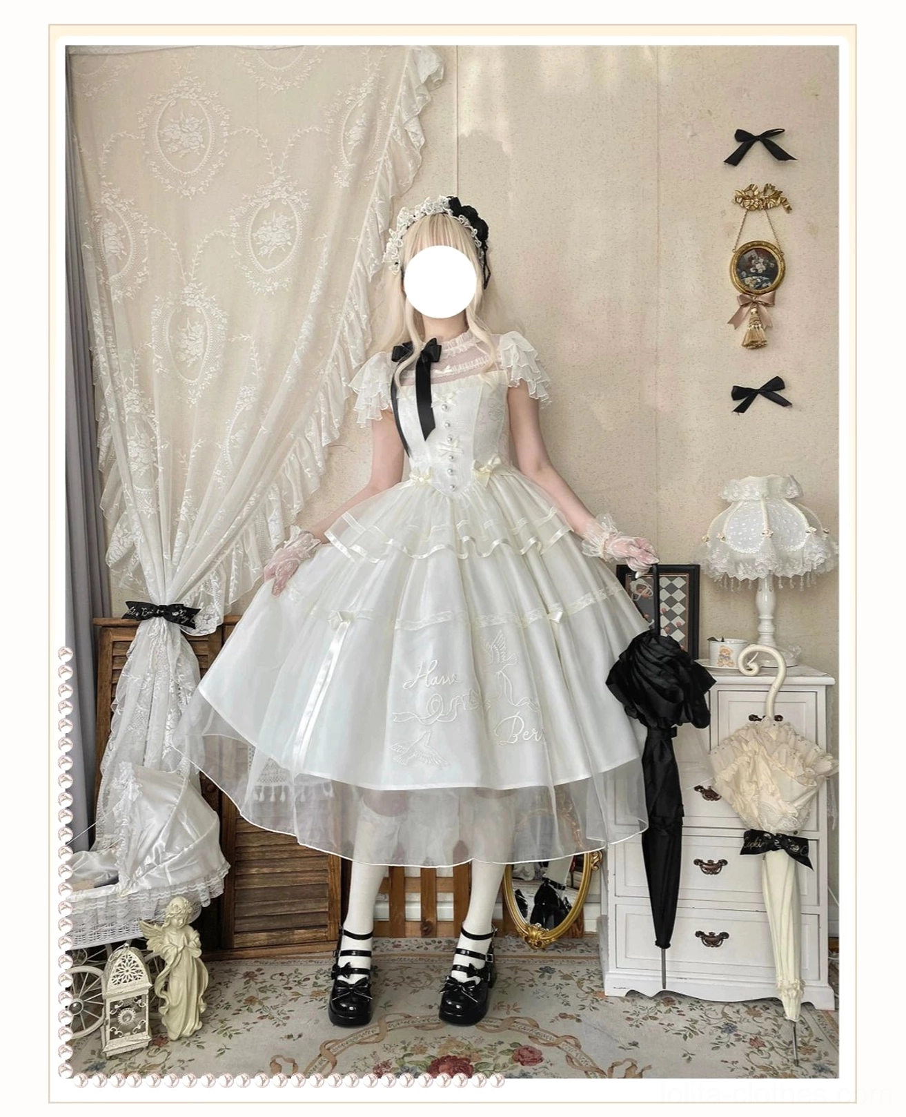 Model 160cm height 47kg wearing size S milky apricot lolita OP dress with black bow accents, tiered tulle skirt, ruffled sleeves in vintage bedroom setting