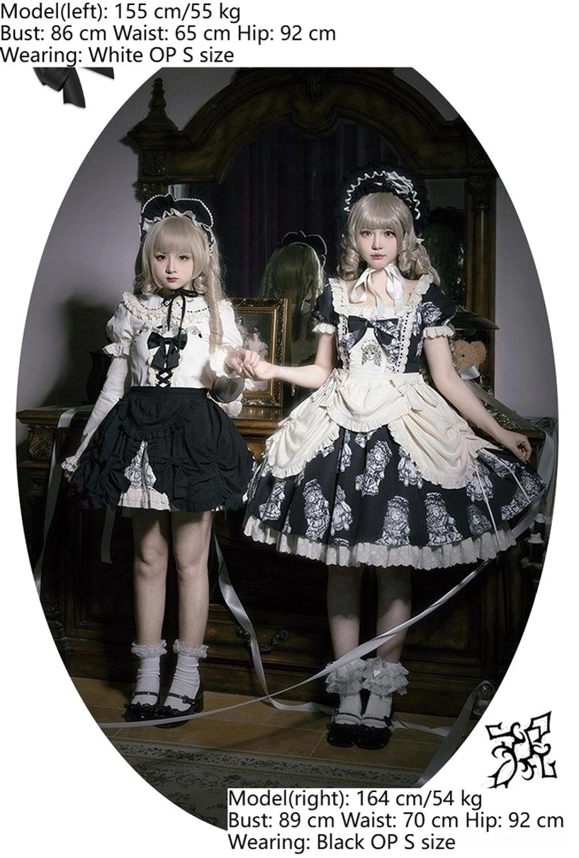 Twin lolita OP dresses with size reference - oval frame full-body front view showing two models with measurements - left model 155cm/55kg wearing white OP size S, right model 164cm/54kg wearing black OP size S