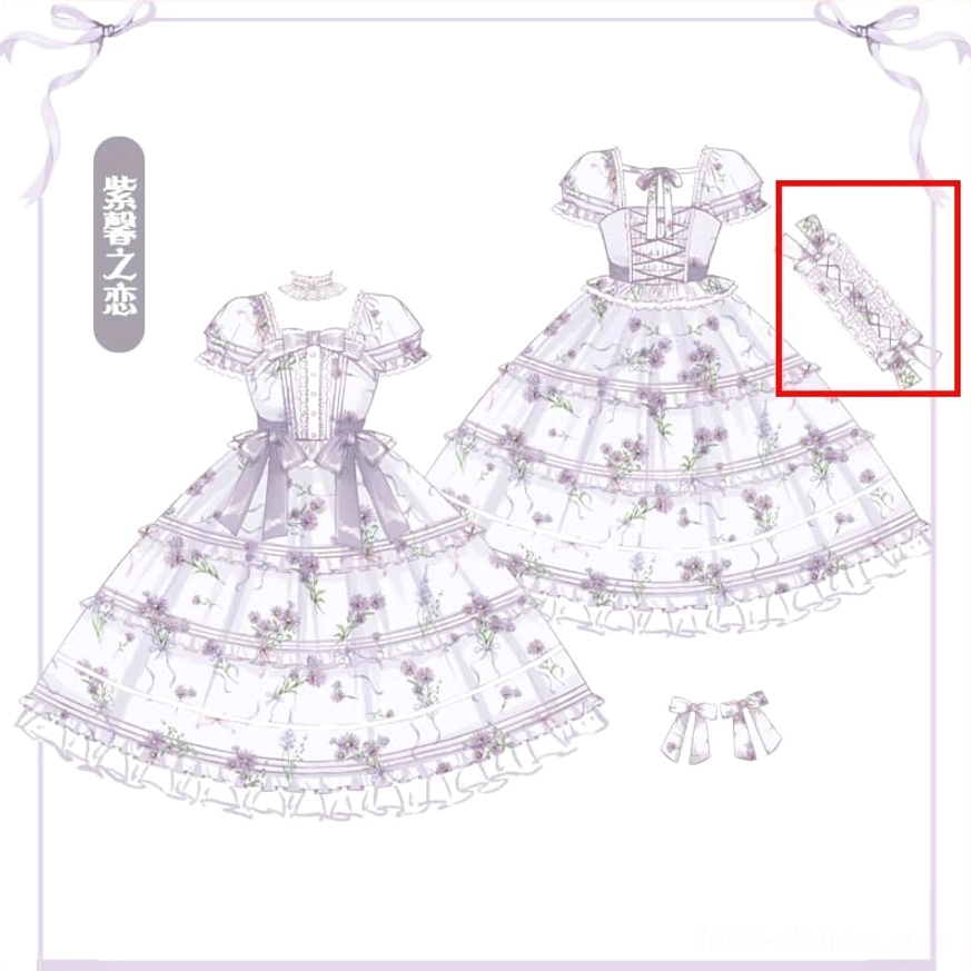 Purple blossom romance lolita OP dress technical sketch flat drawing front and side views matching hair accessory detachable bow floral print design specifications