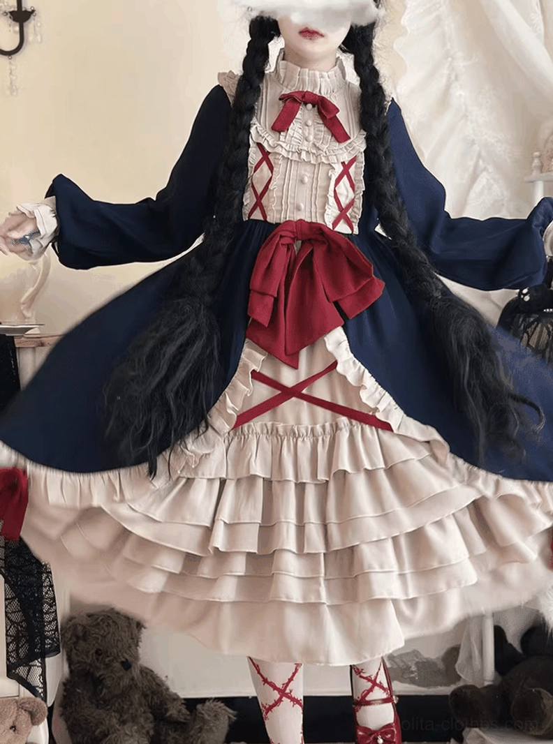 Lolita OP dress three-quarter view model spreading skirt showing A-line flare layered ruffles vintage teddy bear decor