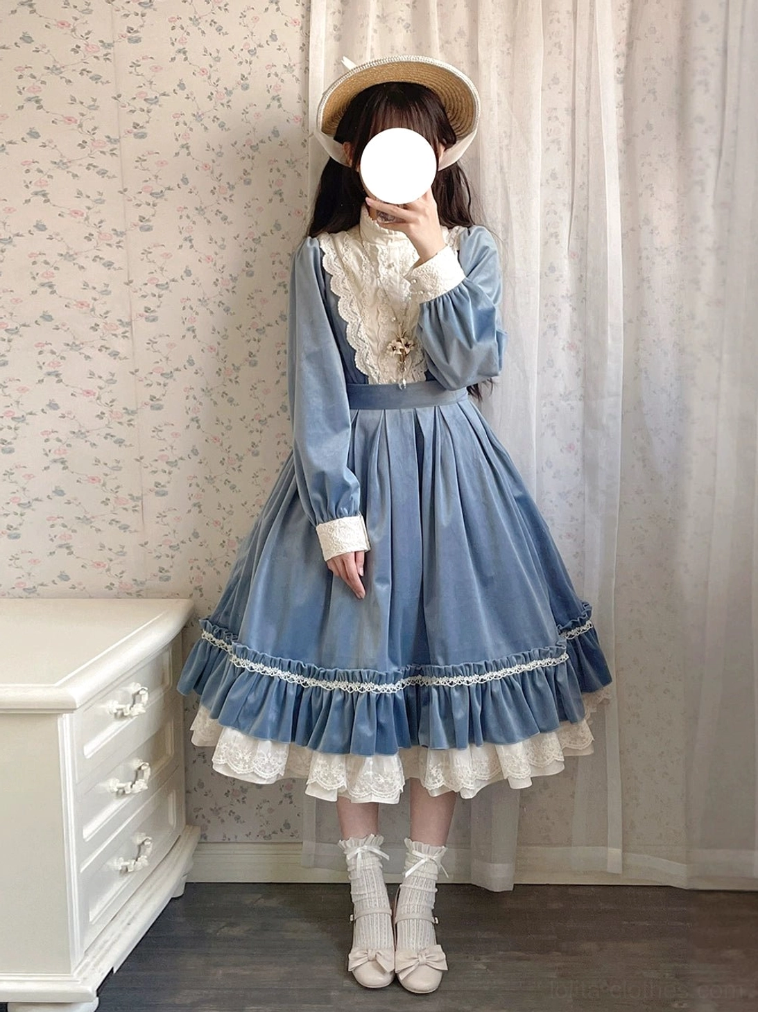 Vintage velvet lolita OP dress close-up side face group shot dim vintage indoor room two sitting female models clear velvet fabric texture delicate lace collar leather handbag lap