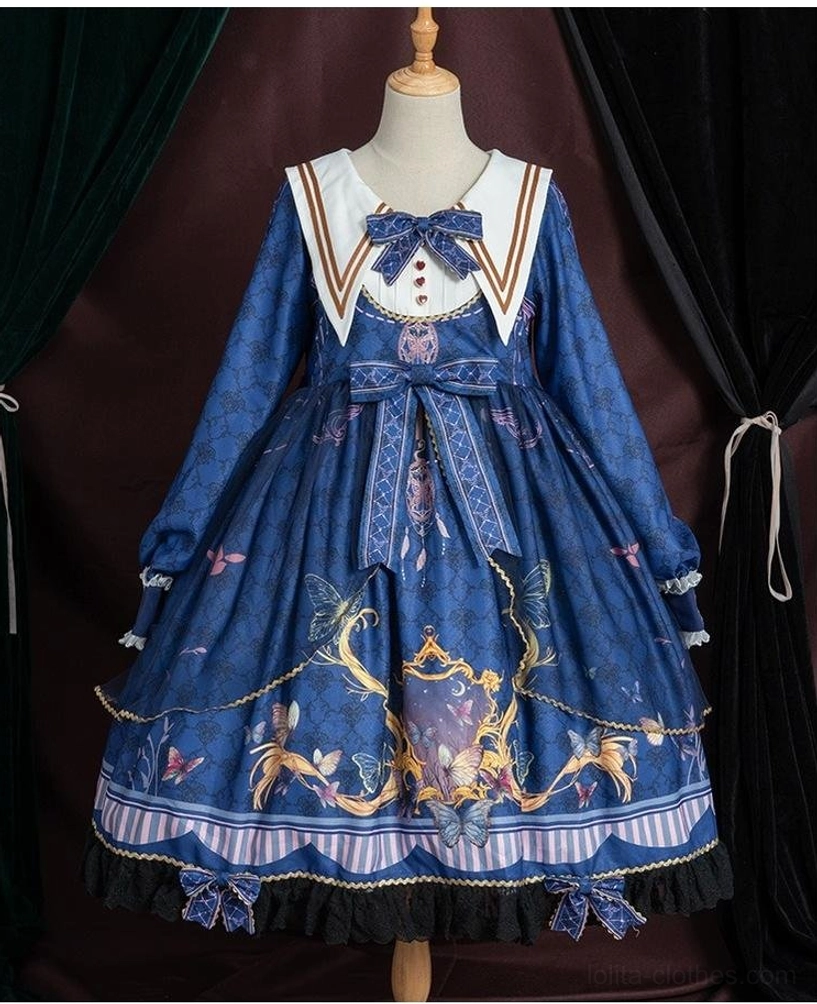 Classic lolita sailor collar op dress waist and hem detail showing lace ruffles, ribbon bows, multi-layered texture, detachable elements