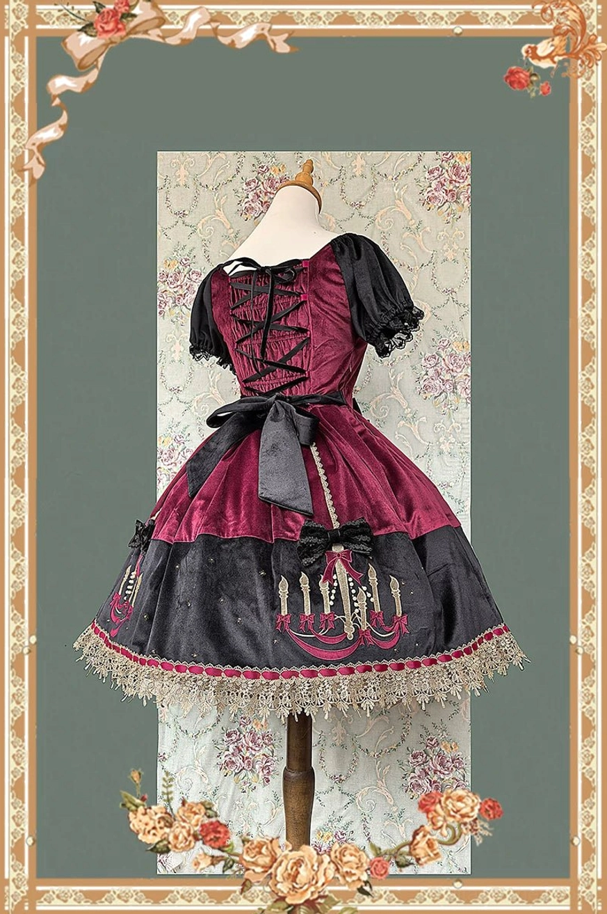 Waist tie and bow detail of old school lolita OP dress showing customizable waist definition and detachable bow accessory design element