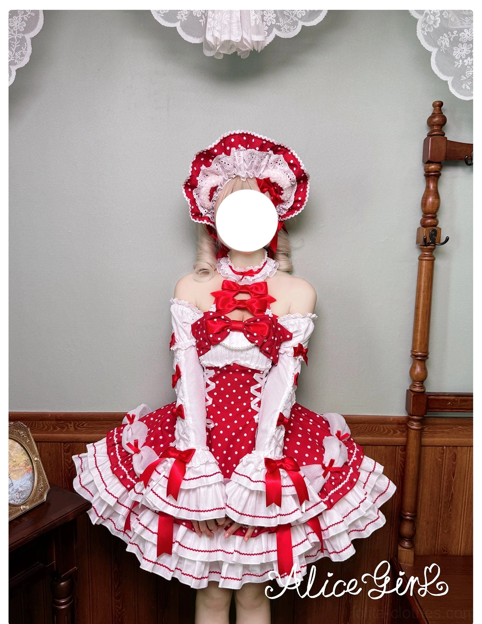 Polka dot Lolita OP dress color variant in white showing front view with polka dot pattern and ruffled structure