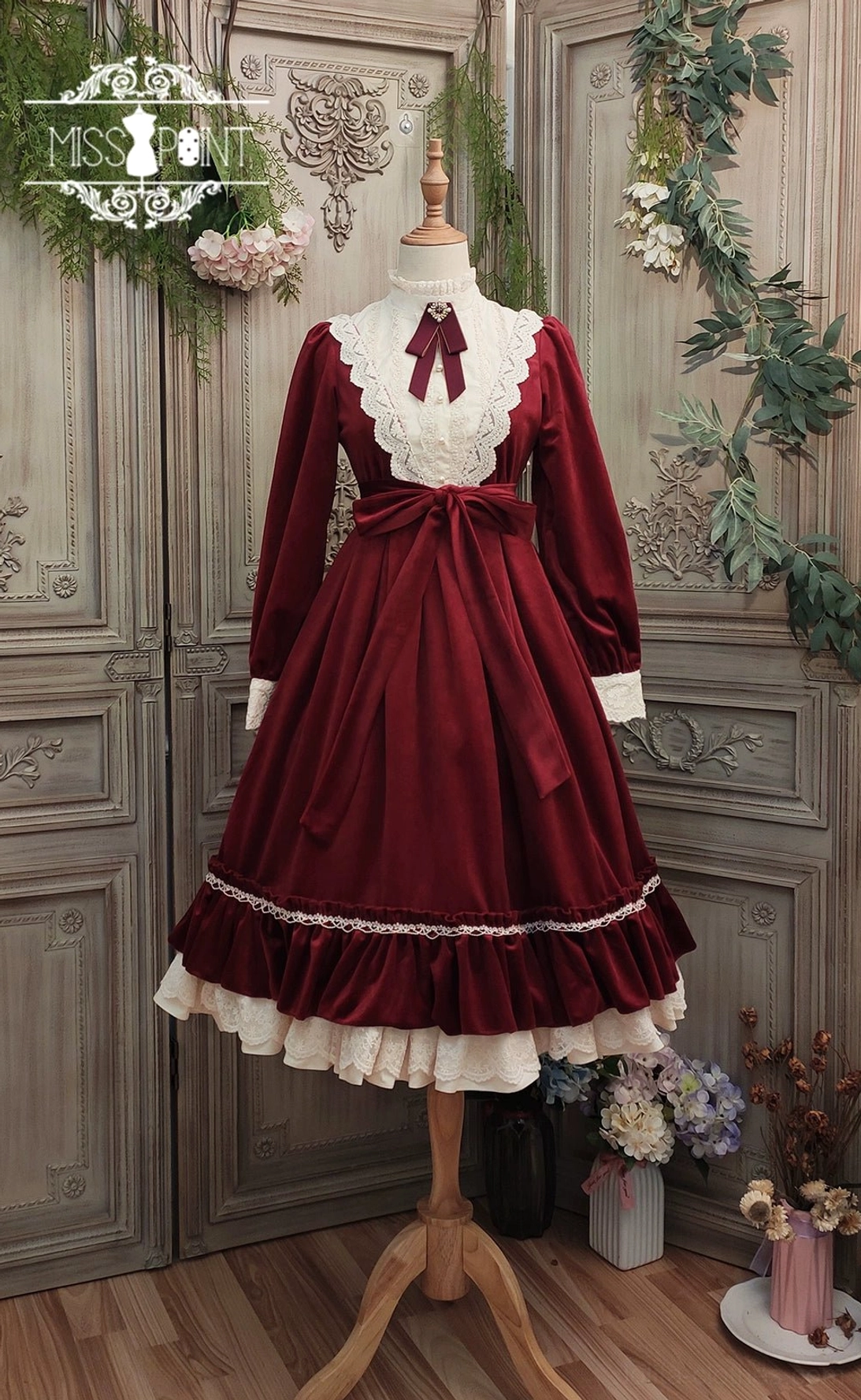 Vintage lolita op dress wine red burgundy colorway full-body standing front model color display