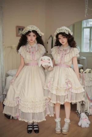 Lolita one-piece dress with tiered ruffled tulle hem and pink waist sash, front full-body group view of two models wearing matching lolita OP in cozy vintage bedroom with bed and plush rabbit toys