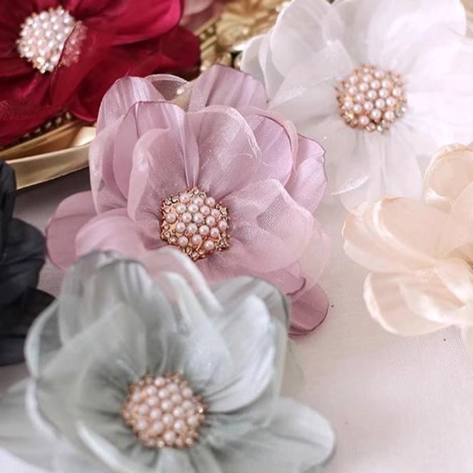 Individual organza flower lolita hair accessories close-up pearl flower center details