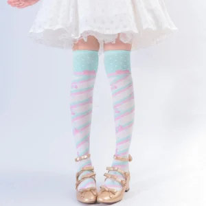 Lolita over-the-knee socks blue-pink diagonal stripe pattern light blue polka dot thigh bands worn with white ruffled skirt and mary jane shoes lower body view