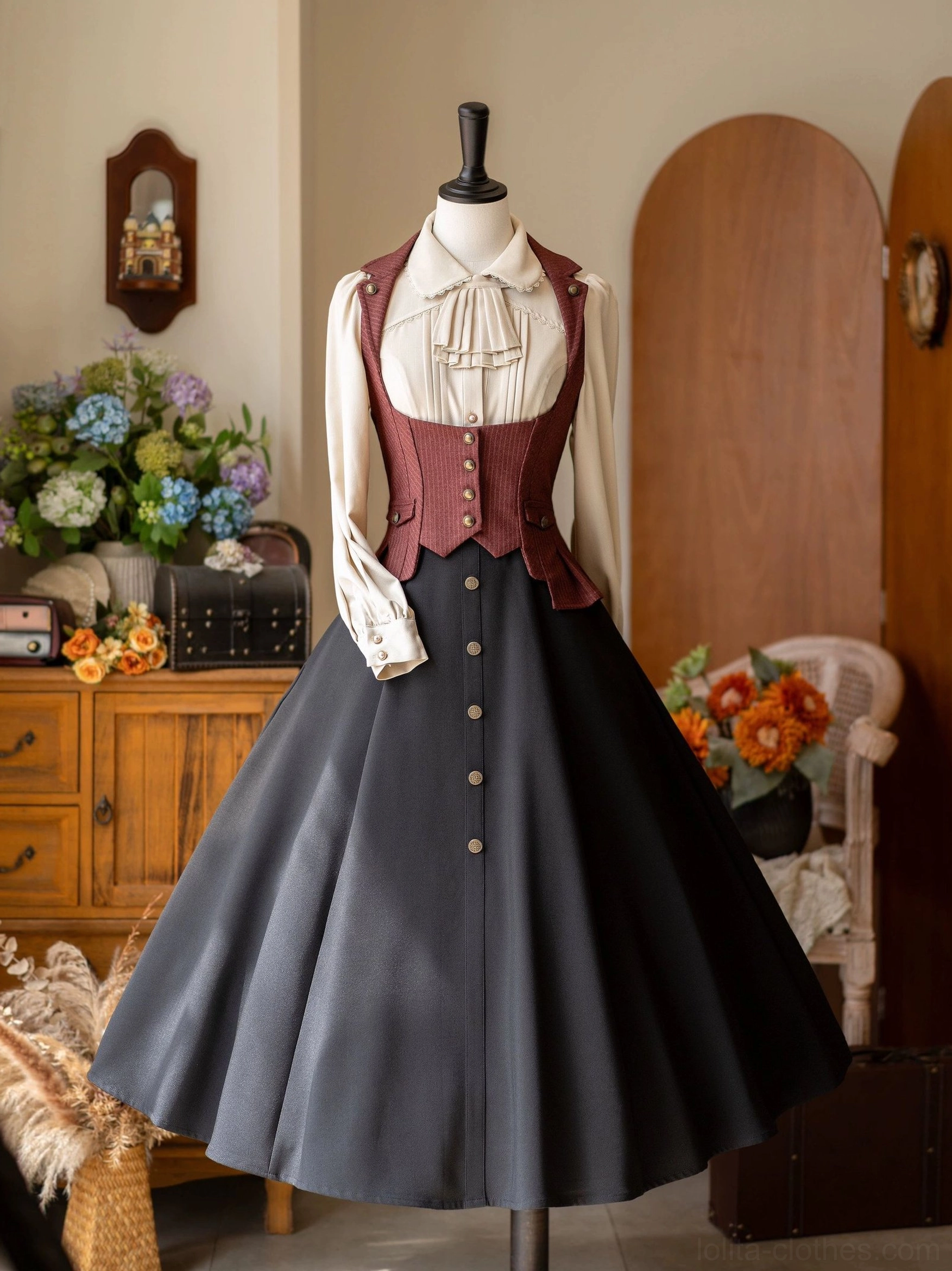 Classic lolita ensemble burgundy waistcoat white ruffled blouse dark navy a-line skirt front-button detail