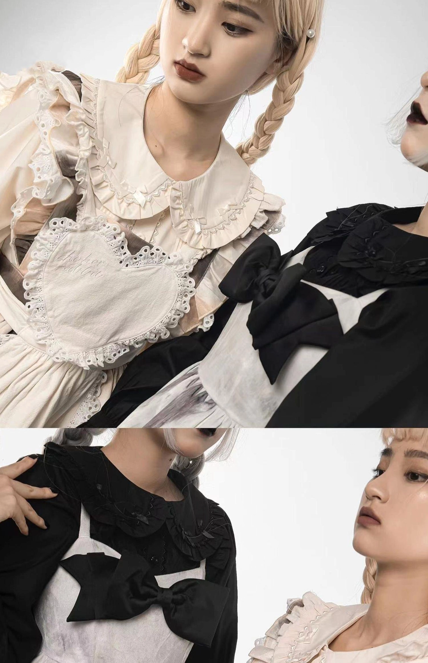 Lolita outfit close-up detail split view doll collar lace trim heart apron black bow decorations ruffles
