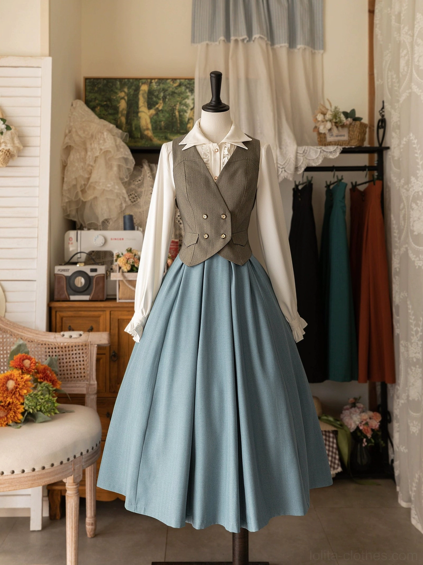 Lolita outfit vintage dusty blue pleated skirt grey waistcoat white ruffled blouse bow victorian romance