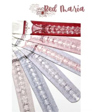 Flat lay product display of digitally printed lolita velvet pantyhose showing criss-cross hollow lace pattern and neat fabric edges, multiple color variants presented