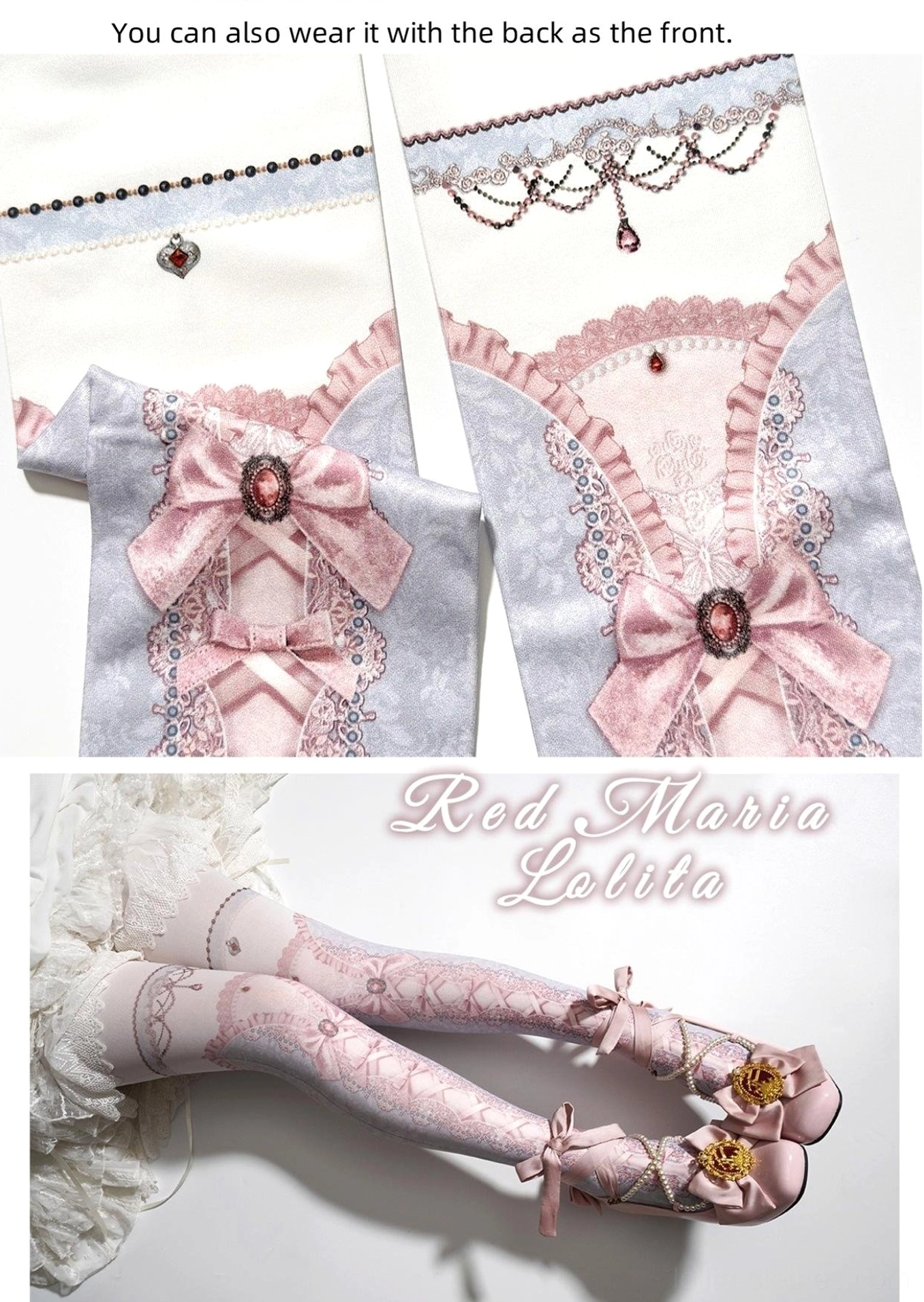 Lolita stocking waistband detail showing decorative bow and gemstone embellishments with two waistband design options, plus model overhead view wearing light pink printed pantyhose