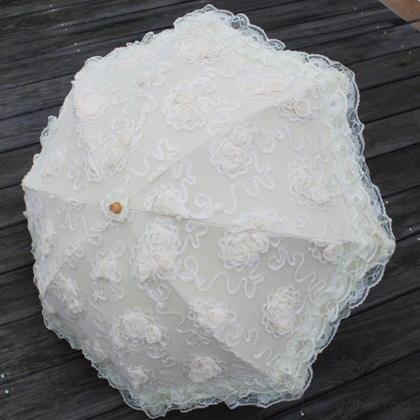 Lolita parasol with open canopy revealing cream white exterior lace and black protective interior lining, demonstrating UPF50+ sun protection and functional elegance