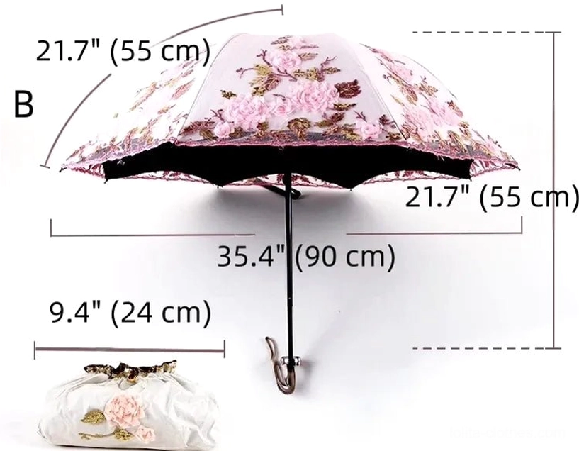Foldable lolita parasol detail showcasing embroidered floral patterns and dimensional rose design with scalloped lace edge trimming