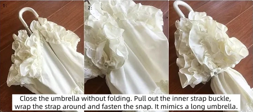 Lolita parasol opening mechanism demonstration showing proper technique with central shaft grip and ruffled fabric separation