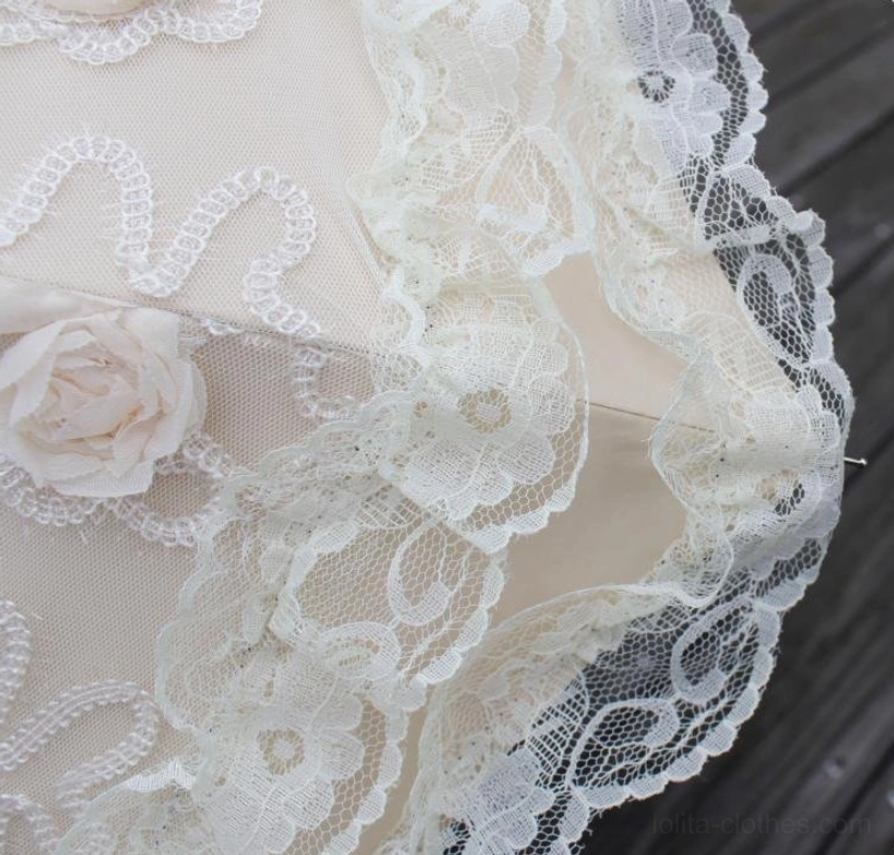 Lolita parasol detail showing stainless steel framework, LRC patent sunscreen vinyl technology, and premium material construction for durability and UV blocking performance