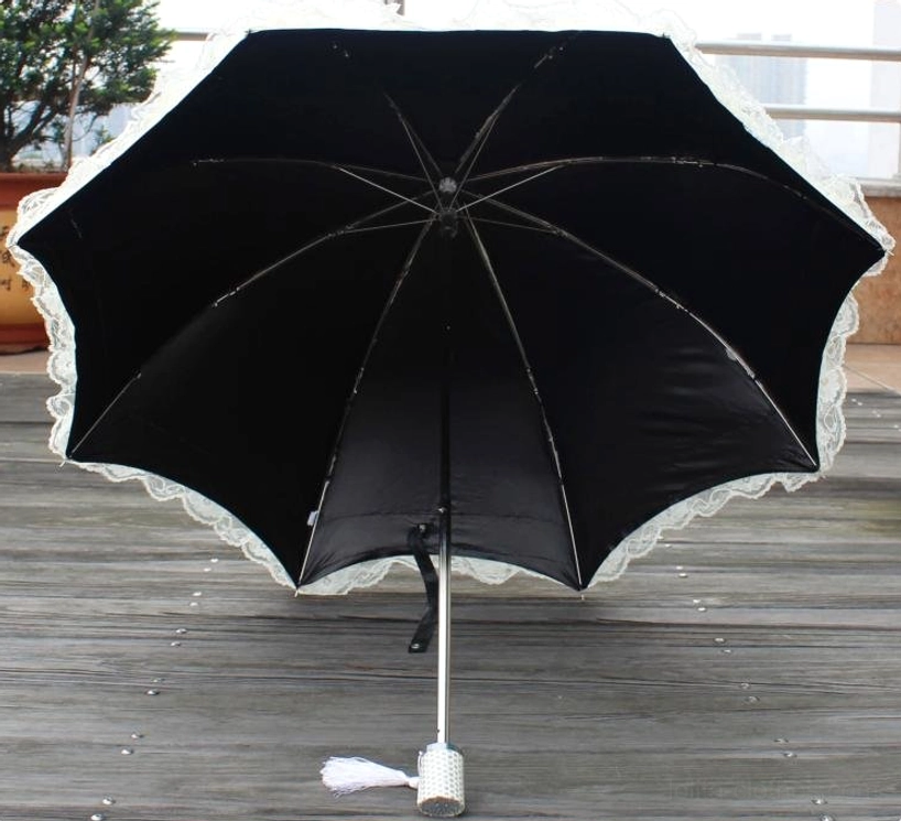 Lolita parasol transportation and care display showing compact three-fold folded length of 9.8 inches, ideal for travel with lolita coordinate outfits and convention attendance